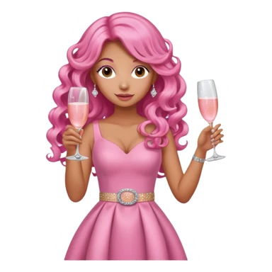 One lady with long pink curled hair and tan skin wearing a pink dress with sparkly belt holding a glass of pink champagne in each hand sticker