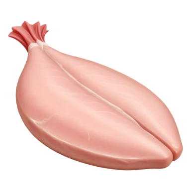 raw chicken fillet, boneless, tapered, pale pink, smooth, slightly glossy, moist, subtle muscle grain, gentle curves, fresh, lean, flat or curved, no plate or extra elements, no faces, clean 3D rendering, soft shadows, transparent background, emoji scale sticker