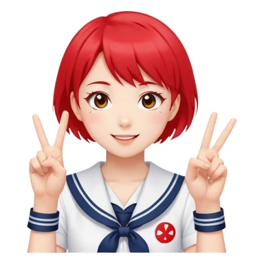 Energetic anime girl with short bright red hair wearing Japanese sailor style school uniform, winking and making double peace signs, very cheerful and bubbly, kawaii style sticker