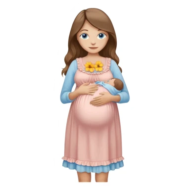 Beautiful Woman with Blue eyes, and long flowing almond brown hair and a light peachy tan skin tone, standing in a relaxed pose holding her visible baby bump,in frilly buttercream colored babydoll sundress  sticker