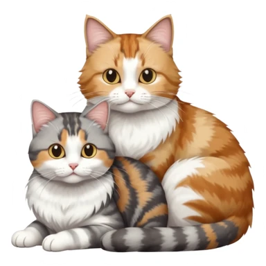 full body colourful light patched calico + white tabby cat cuddling a big grey and white tabby cat  sticker
