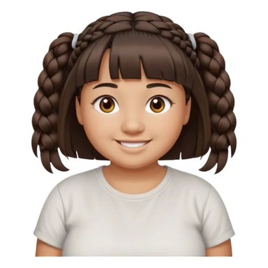 20 year old woman with tan skin, dark brown hair in low braids, blunt cut bangs, chubby face, brown eyes, smiling without teeth showing, white tee shirt sticker