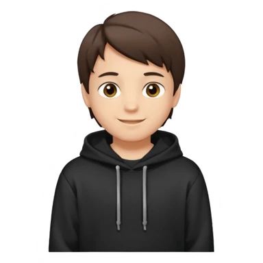 A brunette boy, short straight hair, light brown eyes, with a black sweatshirt with a hoodie, and smile  sticker