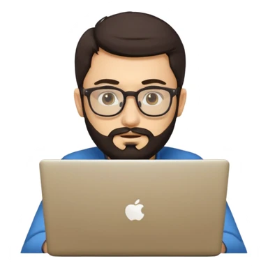 23 year old Azerbaijani man with very dark brown hair and beard with glasses and laptop , light yellow skin face, not european sticker