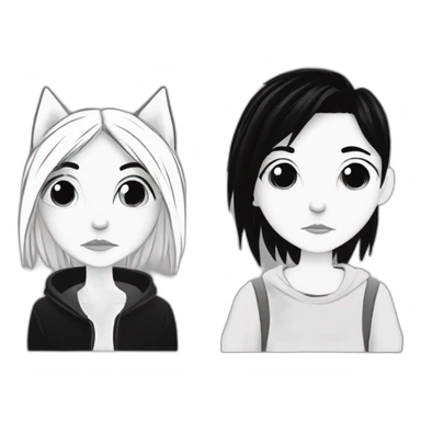 a dog and a dark-haired girl with spiky hair looking at each other in style of ((sarah andersen)), black and white sticker