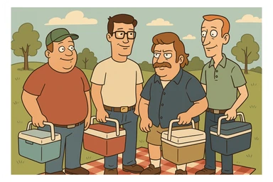 a group of men with coolers at a picnic, cartoon style sticker