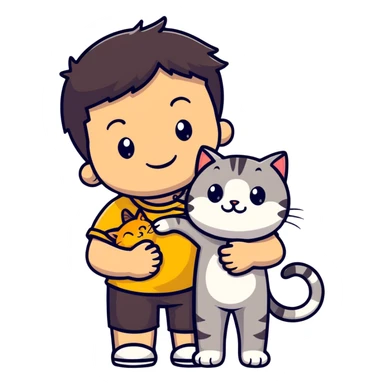 A smiling boy hugging a friendly tabby cat sticker