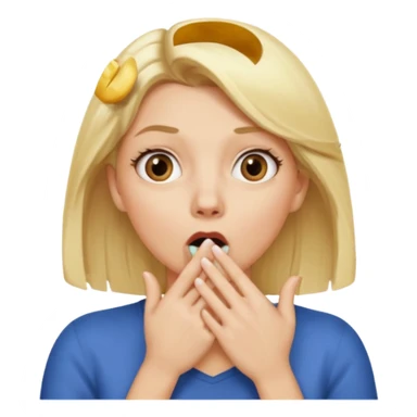 woman with blonde hair and hand over mouth sticker