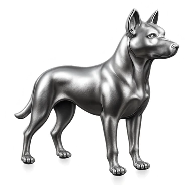               Apply a high-end, photorealistic metallic chrome material to the provided {subject}. The material should have a smooth, slightly curved surface with subtle reflections and soft shadows, resembling brushed or polished silver metal. Preserve the exact shape, proportions, and design of the original object. Set it against a solid black background (#000000) in 8K resolution. The lighting should enhance the beveled edges and reflective highlights, creating a sleek, premium finish. {subject} = dog sticker