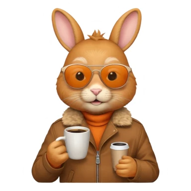 Orange rabbit, wearing brown jacket, sunglasses, holding coffee mug sticker