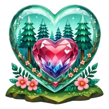 crystal heart with forest inside and floral decoration around sticker