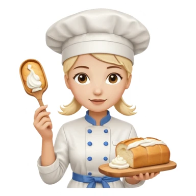 Young female baker - white chef hat, holding cream piping bag to milk oil on bread sticker
