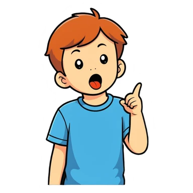 little boy pointing at his mouth sticker