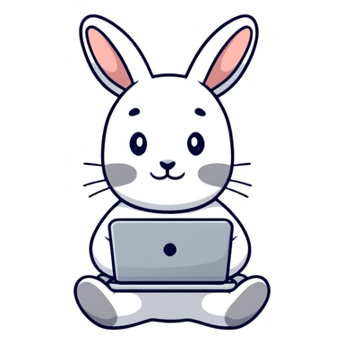 gray bunny sitting cross-legged with laptop sticker