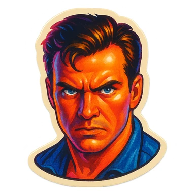 poster inspired by the reference photo, retro stickers style, no text, close-up portrait with intense expression sticker