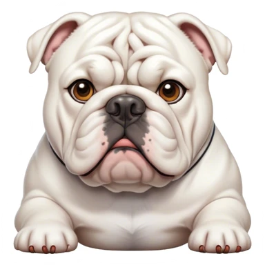 Cinematic Noble White English Bulldog Portrait Emoji, Poised and regal, with a sturdy, muscular build and a pristine, well-groomed pure white coat, deep-set soulful brown eyes, Simplified yet sharp and sophisticated features, highly detailed, glowing with a soft, dignified glow, high shine, intelligent and resolute, stylized with an air of authority, focused and attentive, soft glowing outline, capturing the essence of a watchful and confident guardian, so majestic it feels as though it could lumber out of the screen with effortless authority! sticker