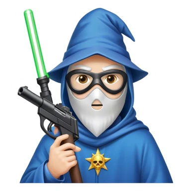 wizard with ski mask on and gun with laser beam sticker
