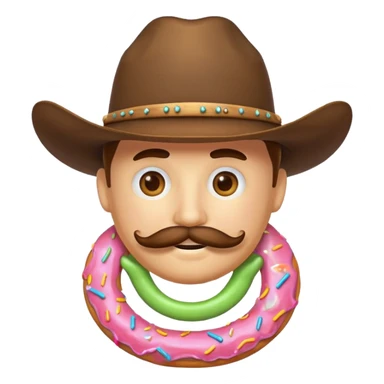 donut with a cowboy hat and mustache smiling, fun emoji style sticker