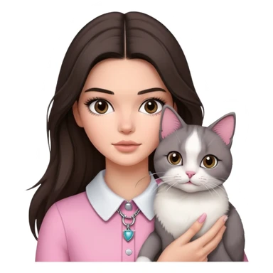 brunette Kendall Jenner with long hair holding a grey white cat in pink collar sticker