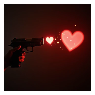 a handgun firing glowing heart-shaped bullets, photorealistic style sticker