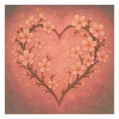 heart with sakura flowers and pink shimmer, ghibli style sticker