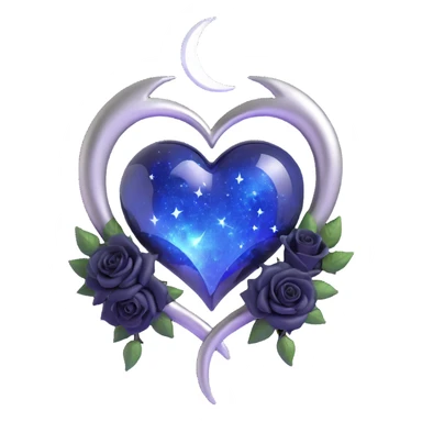 gothic heart, midnight blue glass, silver crescent moon, tiny black roses, shimmering stardust, lightning bolt effect sticker