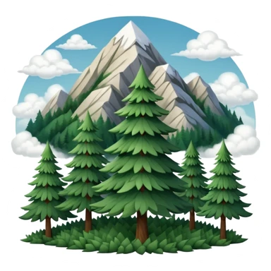simple single evergreen tree with clouds and mountain in Slavic folk style, dark neutral forest colors, favicon or emoji style sticker