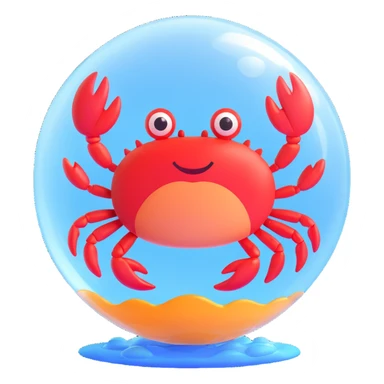 happy crab floating inside a transparent bubble, playful and cute, clear background sticker