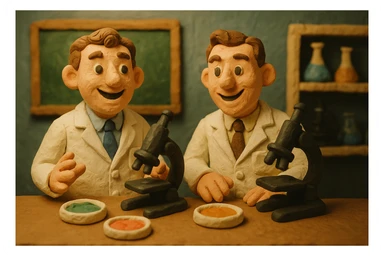 Two happy 1940s male scientists wearing white lab coats over a suite in their science laboratory full of microscopes and petri dishes. sticker
