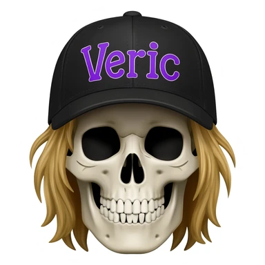 Create a skeleton head wearing a black baseball cap that says "Veric" in purple lettering, with long dirty blonde hair sticker