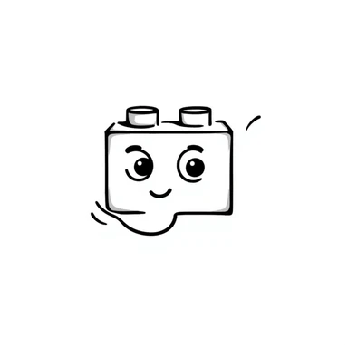 A hand-drawn red Lego-style brick with a silly cute expression sticker