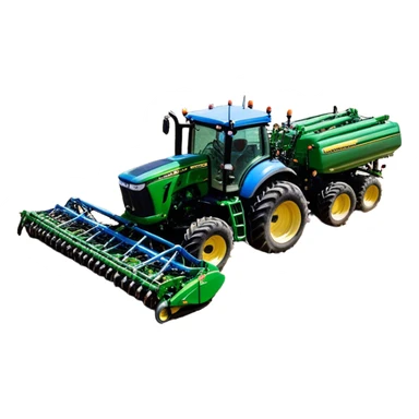 Bourgault 3420 Paralink Hoe Drill (2022) – Cinematic-realistic John Deere 6155M tractor hauling a Bourgault 3420 Paralink Hoe Drill, its powerful green frame pulling the vast blue seeder across endless fields. The machine plants seeds with pinpoint accuracy, leaving precise rows in the rich brown soil,  sticker