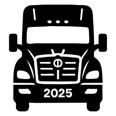Minimal flat icon style close-up front view of a 2025 Kenworth T680 truck in black color with headlights on, no background. sticker