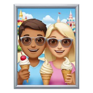 a photo in a silver frame, of 2 friends in a theme park sticker
