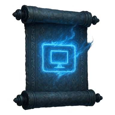 Windows 11 'My PC' icon reimagined as a glintstone sorcery scroll from Elden Ring. The scroll is blue-gray, weathered, and ornate, with arcane runes and a glowing blue magical effect in the shape of a computer monitor or screen, echoing the original icon. Mystical, ancient, and magical, with a transparent background. sticker