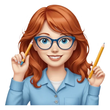 redheaded woman with very long wavy hair and bangs, blue eyes, clear cat-eye glasses, casual chic outfit, holding a pencil, smiling, waving sticker