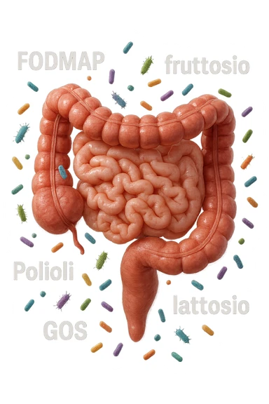 intestino umano anatomico con parole TIPO "FODMAP, fruttosio, lattosio, GOS, Polioli" in italiano CHE GLI FLUTTUANO INTORNO INSIEME A BATTERI INTESTINALI, iperrealistica 4k sticker