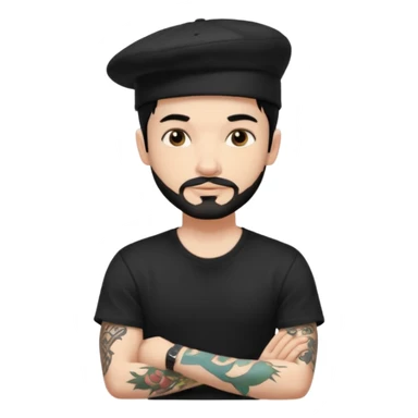 White guy with black hat back with little facial hair and black t shirt with tattoos sticker