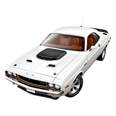 Anatomically correct white 1971 Dodge Challenger muscle car, proper 30-degree angle view, maintaining authentic proportions and structure, highly detailed but minimalist, pure white exterior, iOS emoji style sticker