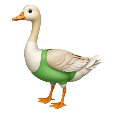 "Emoji of a white running goose with a very very long neck and two legs. The goose wears bright green dungarees." sticker
