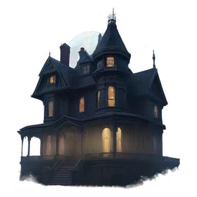 Fantastic Wide full view, A very roomy ramshackle gothic Victorian Addams’s mansion looms through light fog at midnight  sticker