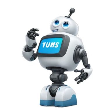 robot holding up a tums up sticker