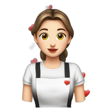 Slavic girl in a white T-shirt and a black apron sends a kiss with a heart sticker