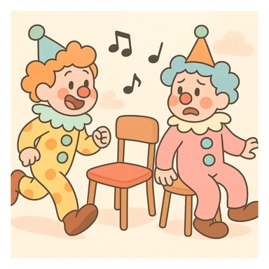 two clowns playing musical chairs, soft colors, cute and whimsical pastel toon style sticker