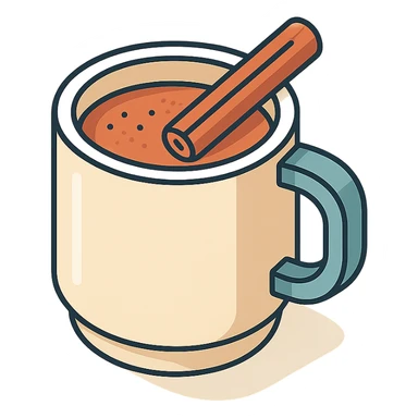 coffee mug with cinnamon, isometric view, 2D isometric style, detailed drawing, detailed shadows and highlights, clean contours, soft lighting, transparent background sticker