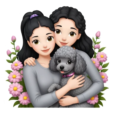 A beautiful girl with black ponytail happily hugs a gray poodle in the flowers sticker