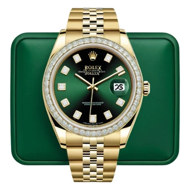 A imagem mostra um Rolex Datejust "Iced Out", totalmente coberto por diamantes na caixa, luneta e pulseira Jubilee. O mostrador também é cravejado (estilo pavé), apresentando algarismos romanos pretos e a lente de data Cyclops. O relógio é exibido em sua caixa oficial verde e bege. sticker