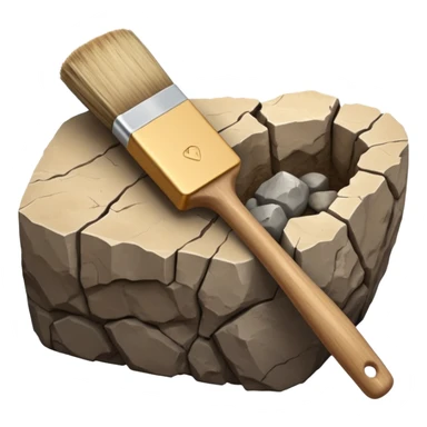 3D render of Archeology Brush, embedded in a chunk of rough sedimentary rock, cracked stone texture, ancient fossil aesthetic,pale wooden handle with dusty beige bristles, matte dry finish, Apple emoji style, isolated on white background --v 6.0. sticker