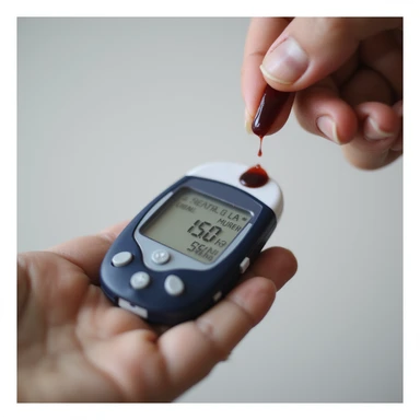 close-up of a glucometer showing high values, next to a hand with a drop of blood, neutral background, Italian text 'Controlla la tua glicemia – Diabete di tipo 2', 4K quality sticker