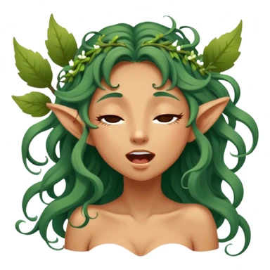 Cinematic Realistic Forest Nymph Fairy Portrait, head tilted slightly with a dramatic, wide-open yawn, revealing a tender, relaxed visage with finely detailed tanned skin and flowing, vine-adorned hair gently framing her face. Her sleepy eyes exude a serene, dreamlike quality as soft natural sunlight filters through the canopy, capturing the essence of a drowsy yet captivating forest nymph drifting into peaceful slumber. sticker